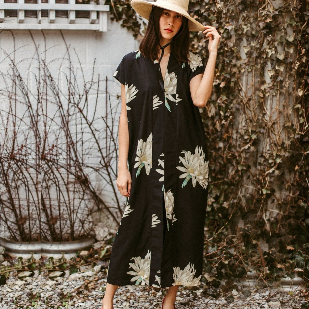 Horses Atelier Floral Hawaiian Print Smoking Dress Black Sz 4 XL